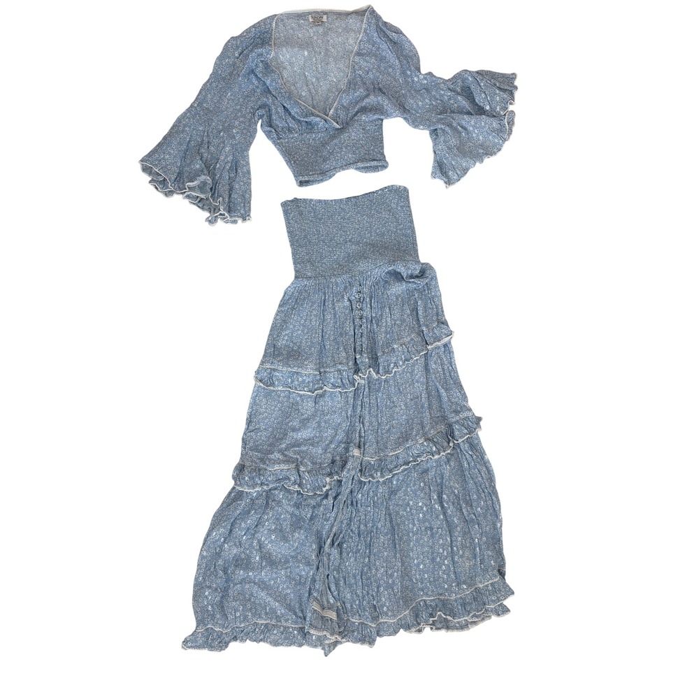 Sunday Saint Tropez Blue Floral 2 Piece Crop Top Maxi Skirt Smocked Boho S/TU